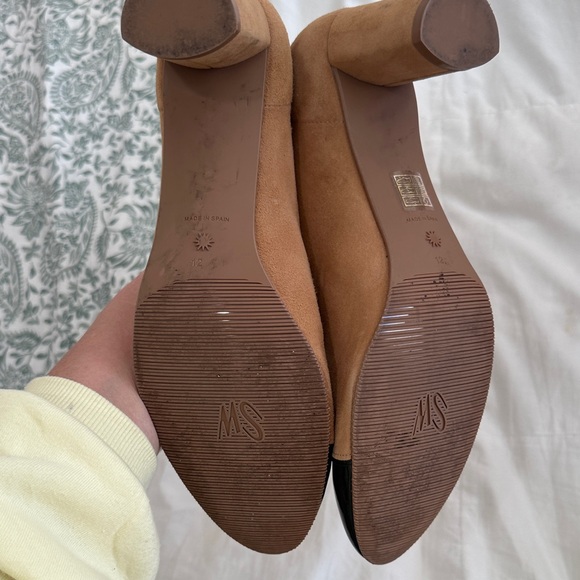 Stuart Weitzman cap toe suede stretch Tan and Black Heeled Boots 12 worn once - Picture 6 of 8